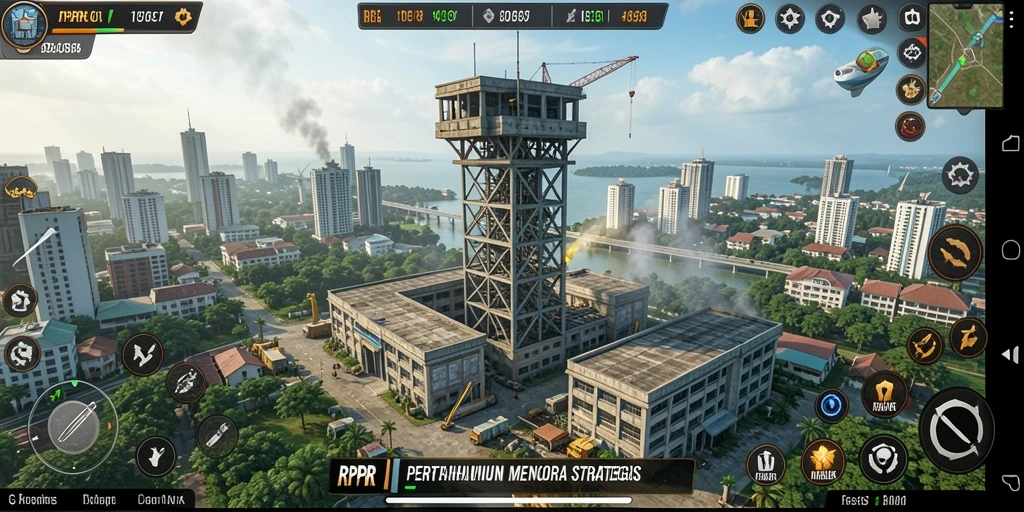 Tangkapan layar RPRR menampilkan aksi menara pertahanan di latar belakang yang fantastis.